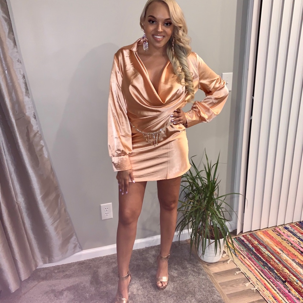 Peach cowl neck satin dress AKIRA